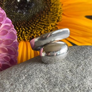 May include: A polished silver ring with a rounded, organic design. The ring features a smooth, reflective surface, with a band that wraps around a larger, oval-shaped element. The ring is set against a backdrop of a gray stone and colorful flowers.