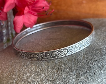 Vintage Sterling Silver Floral Pattern Bangle Bracelet, Free Gift Box & Shipping