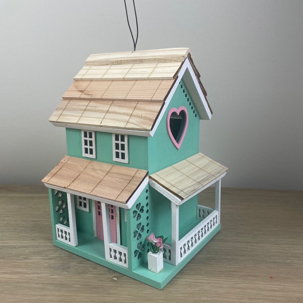 Aqua and pink cottage birdhouse