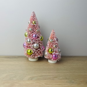 Pink Bottle Brush, Sisal Trees, flocked, with ornaments and snow, miniature Christmas trees for villages, Valentine’s decoration