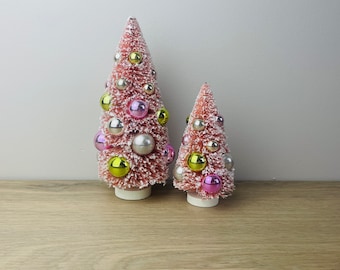 Pink Bottle Brush, Sisal Trees, flocked, with ornaments and snow, miniature Christmas trees for villages, Valentine’s decoration