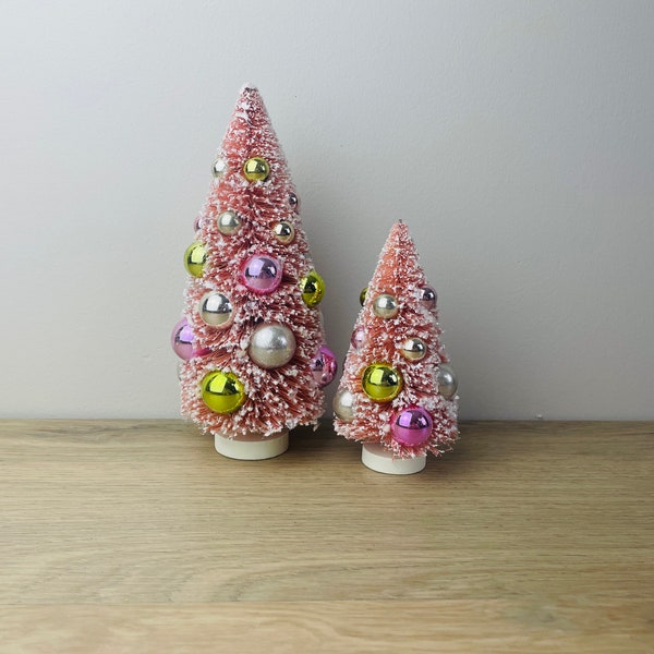 Pink Bottle Brush, Sisal Trees, flocked, with ornaments and snow, miniature Christmas trees for villages, Valentine’s decoration