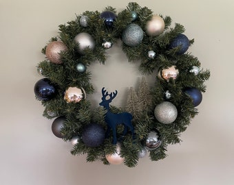 Navy Blues Holiday Wreath with Reindeer and Bulbs, Prelit, Battery Operated, Timer