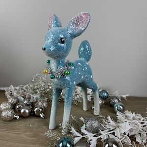 Blue Glittered Fawn, Tabletop Display, vignettes, pastel Christmas,