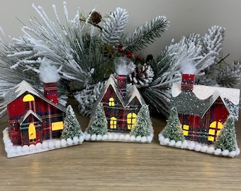 Christmas Village, Plaid house, light up house, putz house