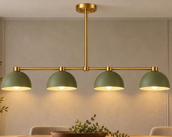 Linear Pendant Light, 4 Olive Green Dome Shades, Brass Frame for Dining Rooms