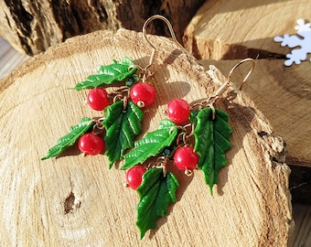 Holly Berry Earrings Clusters Christmas Jewelry polymer clay Holiday earrings Red berry Holly jewelry Winter earrings Christmas gift