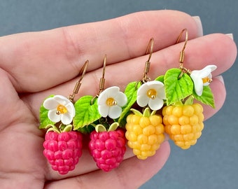 Realistic Raspberry Earrings polymer clay Wild berries jewelry Cute Raspberry earrings Juicy berries Red Yellow raspberry Fake food Gift her