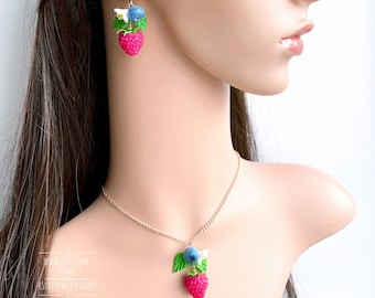 Raspberry jewelry set polymer clay Blueberry Earring forest berry Drop Earrings wild berries Cute Jewelry berries Cute birthday gift for her