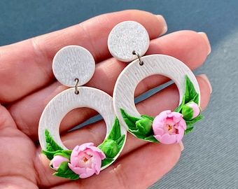 Dangling Hoop Earrings Polymer clay white hoop earrings with pink peony Floral ring earrings Statement Hoop earrings gift for women