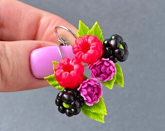 Raspberry Blackberry Earrings: Polymer Clay Berry Earrings