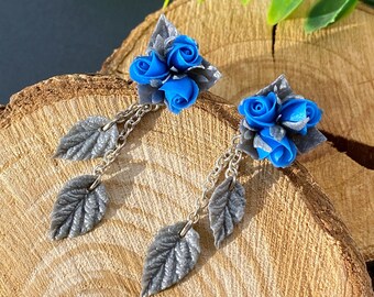 Christmas earrings blue roses silver leaves Christmas gift for her Roses studs earrings Leaves dangle Drop leaf Jewelry polymer clay roses