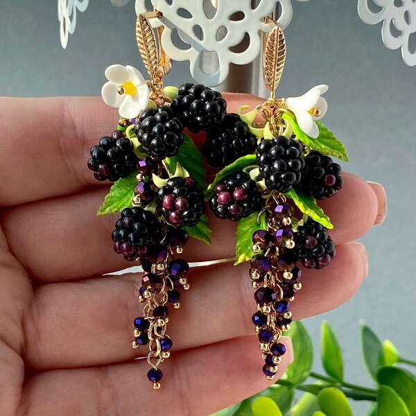 Cute Blackberry Earrings Miniature garden earrings Long chandelier earrings Earrings wild berries Natural earrings Unique gift for her