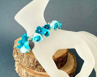 Turquoise Charm Bracelet handmade of polymer clay Turquoise mint roses bracelet Floral fashion bracelet Flower bracelet Gift for her