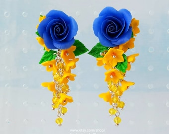 Royal blue Rose Wedding floral stud earrings Yellow blue cluster earrings Bride jewelry Wedding jewelry Bridesmaid Gift Long crystal earring