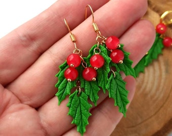 Holly Earrings Holiday Earrings Holiday Gift Christmas Earrings Green Red Jewelry Holly Berry Christmas jewelry Christmas polymer clay gift