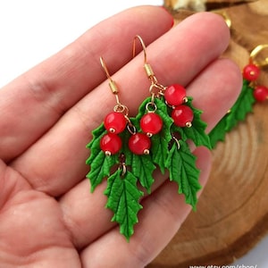 Holly Earrings Holiday Earrings Holiday Gift Christmas Earrings Green Red Jewelry Holly Berry Christmas jewelry Christmas polymer clay gift