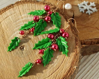 Cute Holly Berry Earrings  Long Cluster Earrings Christmas Gift For Her Christmas polymer clay Holly Earrings Christmas jewelry Holiday Gift