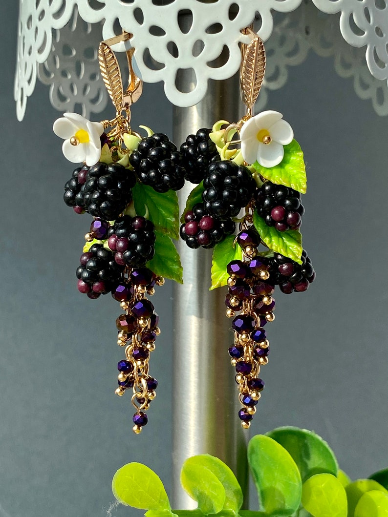 Cute Blackberry Earrings Miniature garden earrings Long chandelier earrings Earrings wild berries Natural earrings Unique gift for her image 4