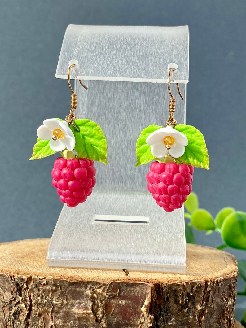 Realistic Raspberry Earrings polymer clay Wild berries jewelry Cute Raspberry earrings Juicy berries Red Yellow raspberry Fake food Gift her image 5