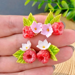 Raspberry Stud Earrings, Polymer Clay Berries, Rose Gold Jewelry