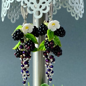 Cute Blackberry Earrings Miniature garden earrings Long chandelier earrings Earrings wild berries Natural earrings Unique gift for her image 7