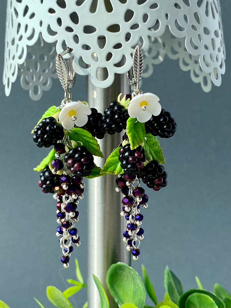 Cute Blackberry Earrings Miniature garden earrings Long chandelier earrings Earrings wild berries Natural earrings Unique gift for her image 7