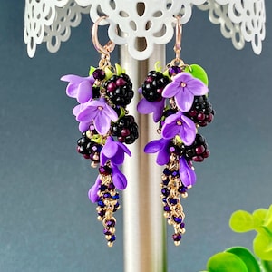 Cute blackberry earrings Berry statement earrings Lilac flowers Realistic berry earrings Handmade clay berries Fruit earrings Food earrings