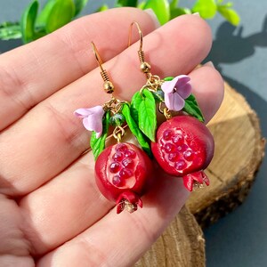 Pomegranate dangle earrings Cute miniature fruit Kawaii gift for her Unique gift for sister Burgundy Fruit earrings Funny gift for her