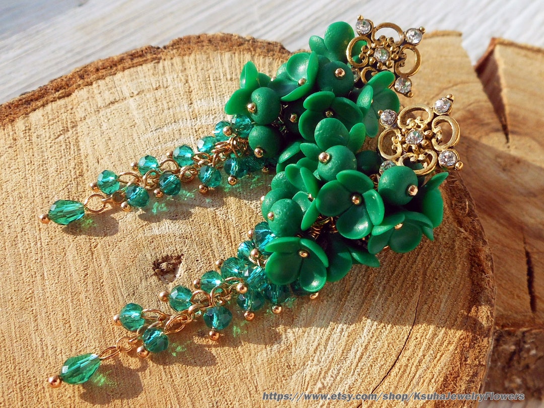 Emerald Green Long Earrings Bridesmaid Green Earrings Gold Green