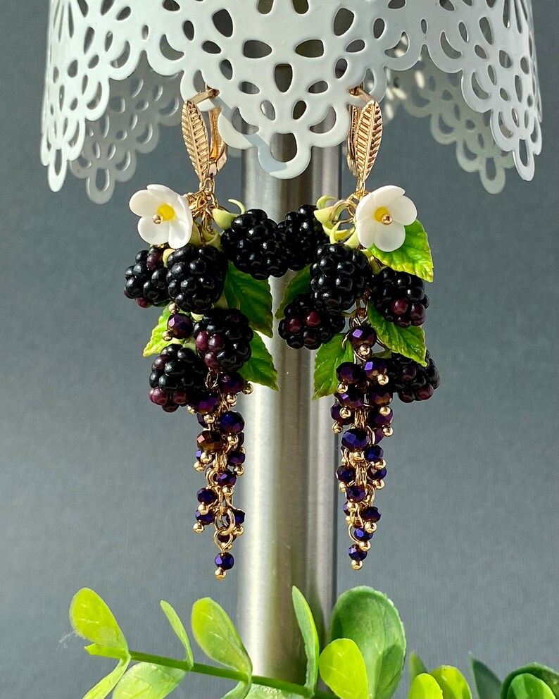 Cute Blackberry Earrings Miniature garden earrings Long chandelier earrings Earrings wild berries Natural earrings Unique gift for her image 2