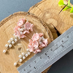 Bridal light peach earrings Pastel bride clusters earrings Cream flowers polymer clay Floral earrings Bridesmaid gift Pearl earrings image 10