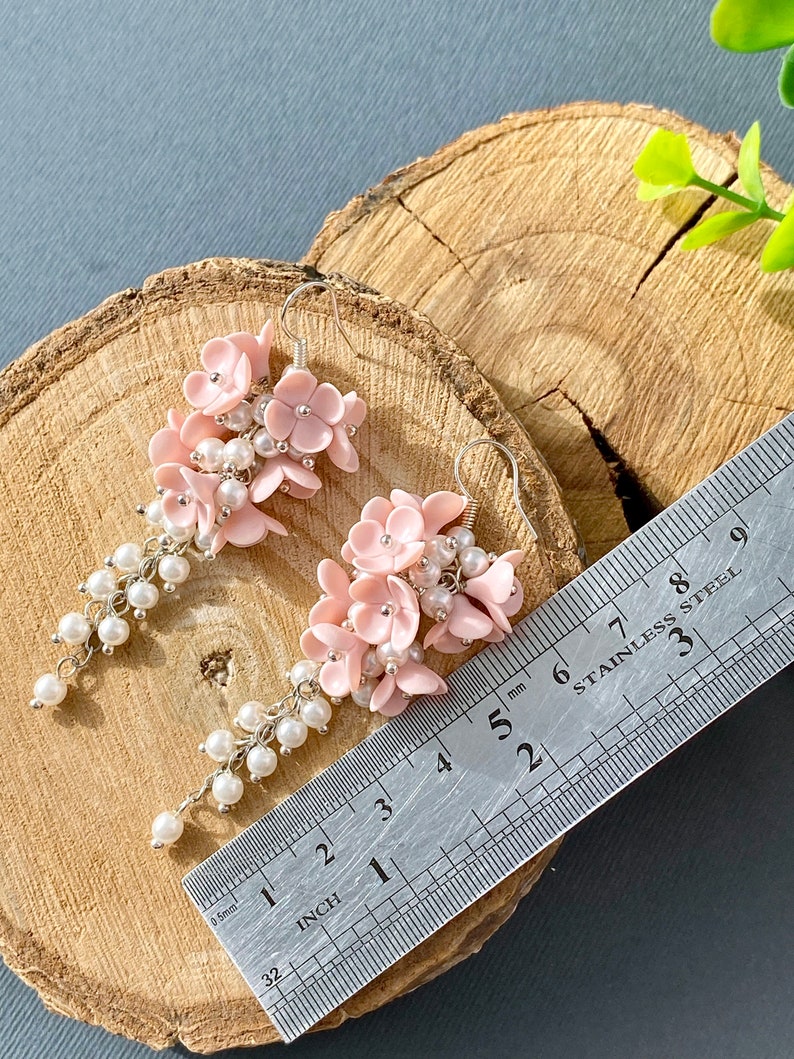 Bridal light peach earrings Pastel bride clusters earrings Cream flowers polymer clay Floral earrings Bridesmaid gift Pearl earrings image 10