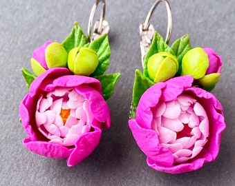 Earrings fuchsia pink peony flowers polymer clay Earrings peonies Fashion jewelry Bright flower earrings in romantic style Birthday gift