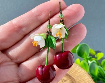 Cherry dangle earrings Berry drop earrings Realistic cherry earrings Handmade jewelry Cute Romantic gift for her Food earrings Fruit earring