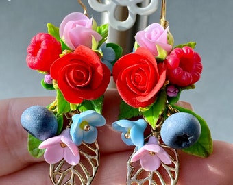 Roses Earrings Statement earrings with flowers & berries Raspberry earrings Gold drop leaf earring Berry earrings unique gift for her