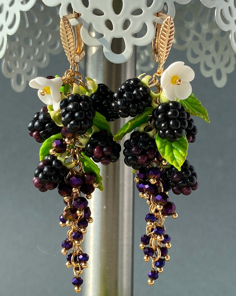 Cute Blackberry Earrings Miniature garden earrings Long chandelier earrings Earrings wild berries Natural earrings Unique gift for her image 5