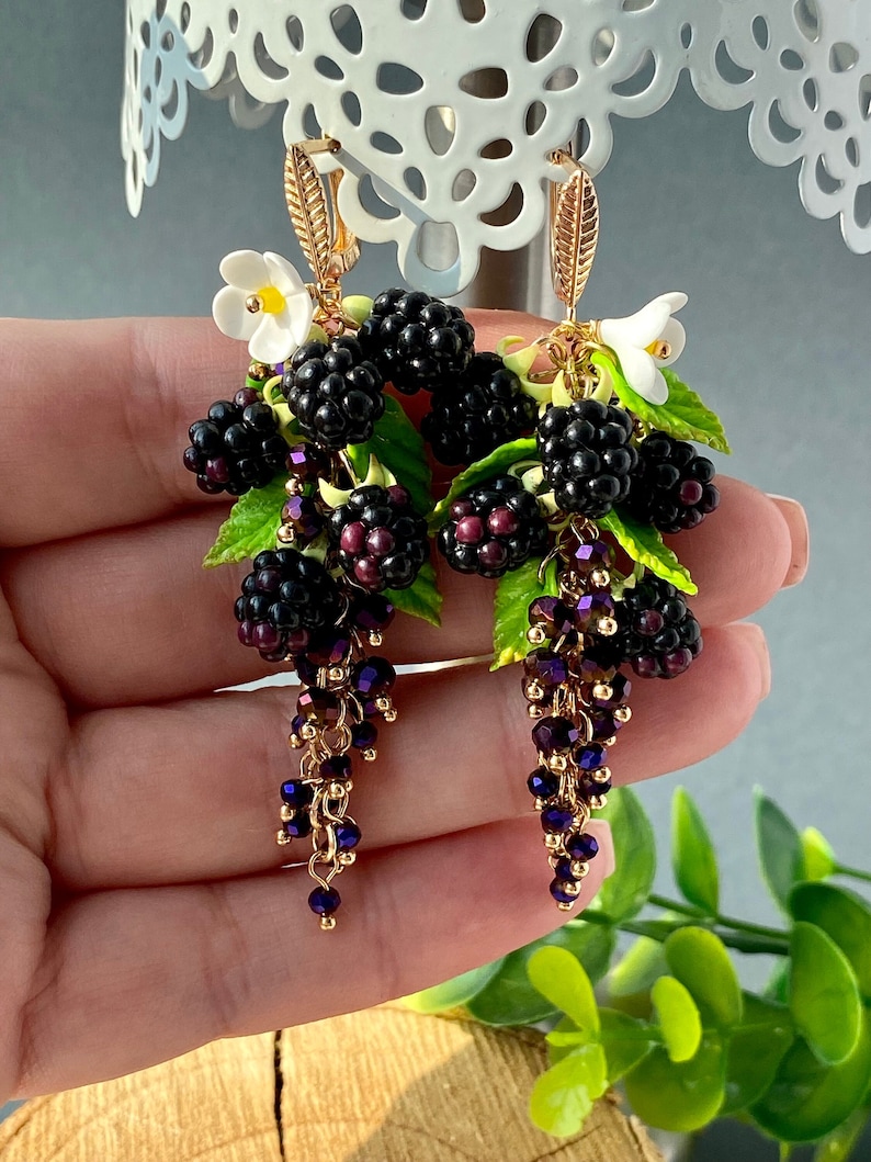 Cute Blackberry Earrings Miniature garden earrings Long chandelier earrings Earrings wild berries Natural earrings Unique gift for her image 1