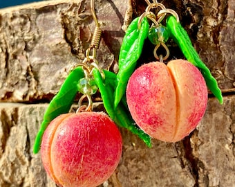 Mini Peach Earrings, Polymer Clay Fruit Jewelry