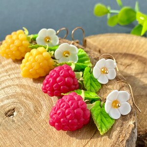 Realistic Raspberry Earrings polymer clay Wild berries jewelry Cute Raspberry earrings Juicy berries Red Yellow raspberry Fake food Gift her image 3