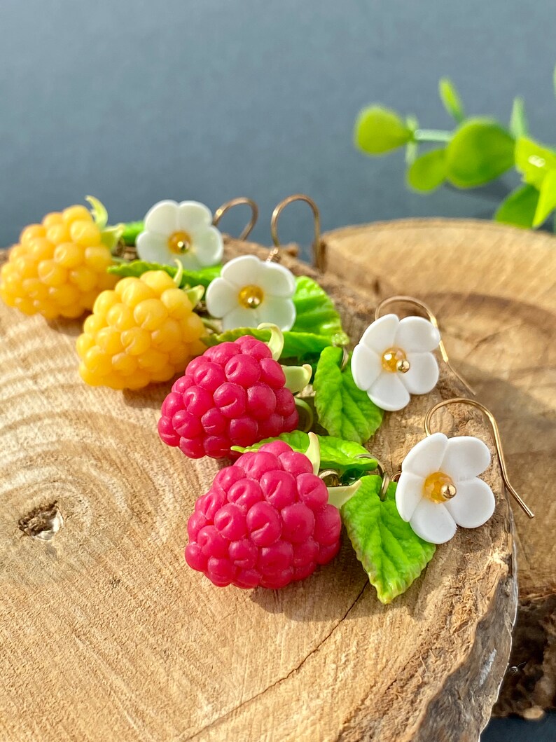 Realistic Raspberry Earrings polymer clay Wild berries jewelry Cute Raspberry earrings Juicy berries Red Yellow raspberry Fake food Gift her image 3