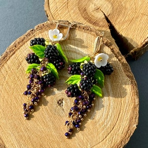 Cute Blackberry Earrings Miniature garden earrings Long chandelier earrings Earrings wild berries Natural earrings Unique gift for her image 3