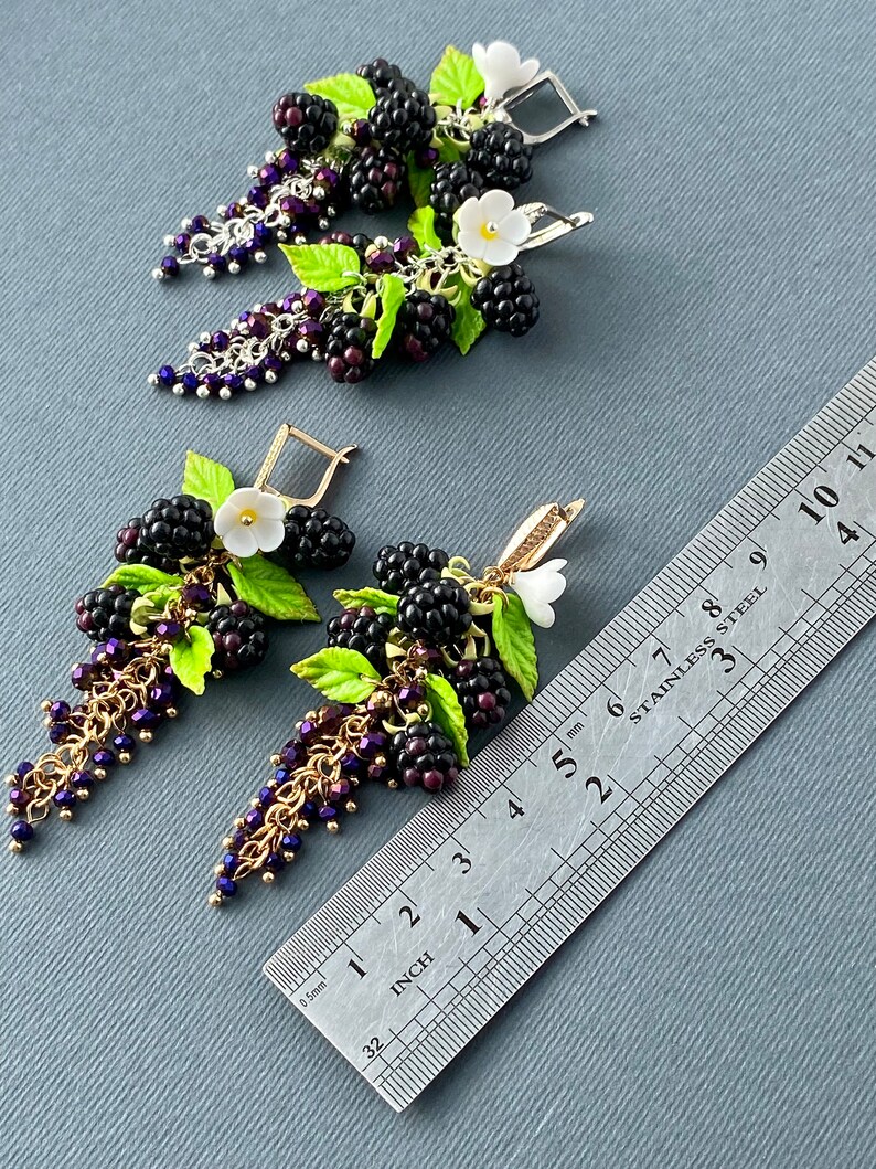 Cute Blackberry Earrings Miniature garden earrings Long chandelier earrings Earrings wild berries Natural earrings Unique gift for her image 9