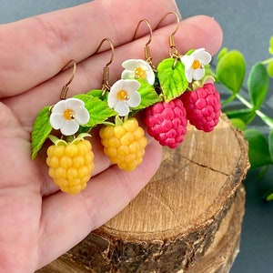 Realistic Raspberry Earrings polymer clay Wild berries jewelry Cute Raspberry earrings Juicy berries Red Yellow raspberry Fake food Gift her image 2