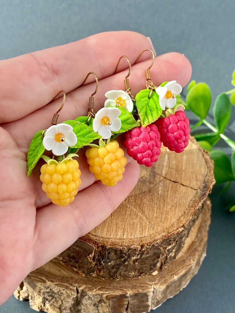 Realistic Raspberry Earrings polymer clay Wild berries jewelry Cute Raspberry earrings Juicy berries Red Yellow raspberry Fake food Gift her image 2