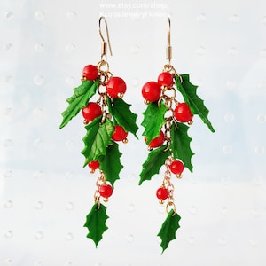 Christmas Holly earrings Long Holiday earrings Green holly leaf  Holly red berry Xmas earrings Christmas party bright earring Christmas gift