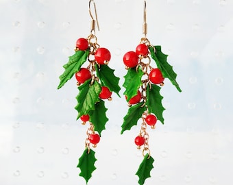 Christmas Holly earrings Long Holiday earrings Green holly leaf  Holly red berry Xmas earrings Christmas party bright earring Christmas gift