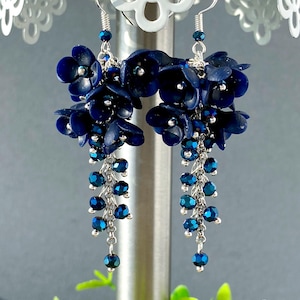 Navy Blue Crystal Flower Earrings: Bridal Statement Chandelier