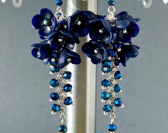 Navy Blue Crystal Flower Earrings: Bridal Statement Chandelier