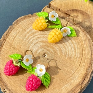 Realistic Raspberry Earrings polymer clay Wild berries jewelry Cute Raspberry earrings Juicy berries Red Yellow raspberry Fake food Gift her image 4